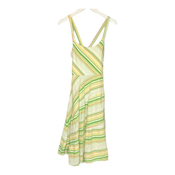 Lux Dress Yellow Green Striped Full Skirt Spaghetti Straps 100% Cotton Small - Picture 1 of 4